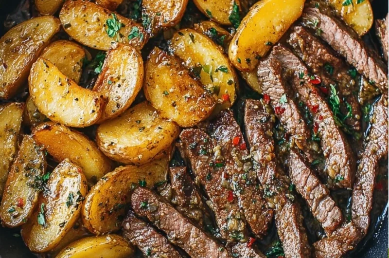 Delicious garlic butter steak and potatoes skillet dish served on a plate