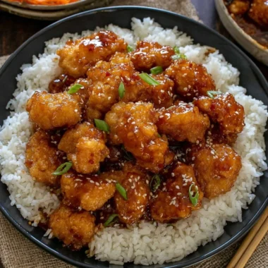 Plate of General Tso's Chicken garnished with broccoli and sesame seeds