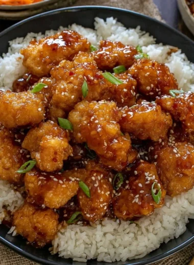 Plate of General Tso's Chicken garnished with broccoli and sesame seeds