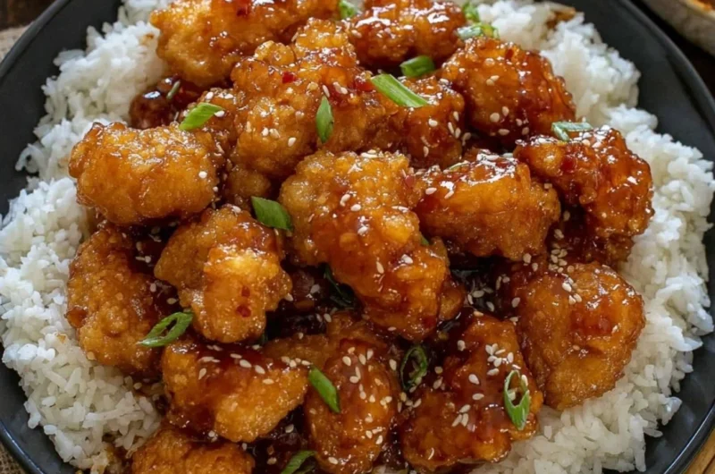 Plate of General Tso's Chicken garnished with broccoli and sesame seeds