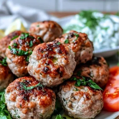Plate of Greek turkey meatballs with tzatziki sauce garnished with fresh herbs