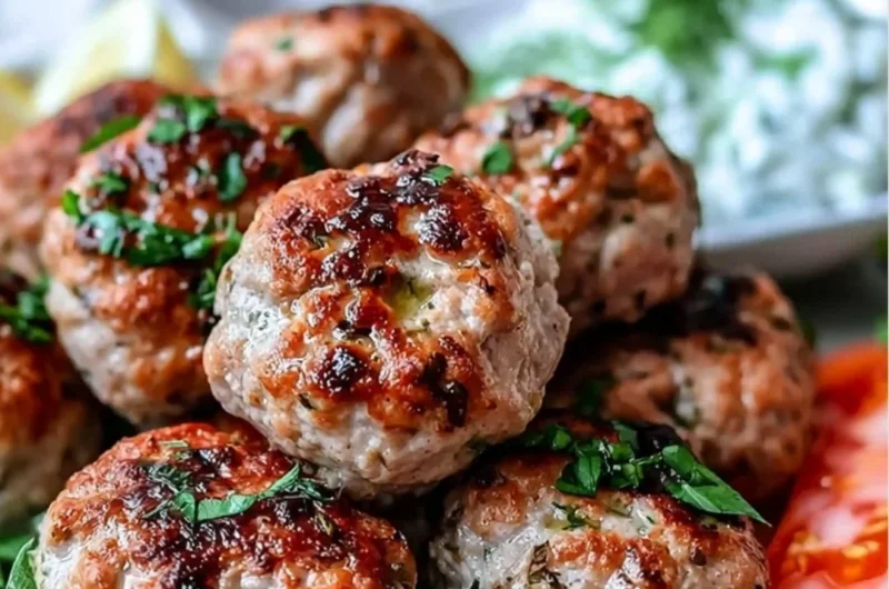 Plate of Greek turkey meatballs with tzatziki sauce garnished with fresh herbs