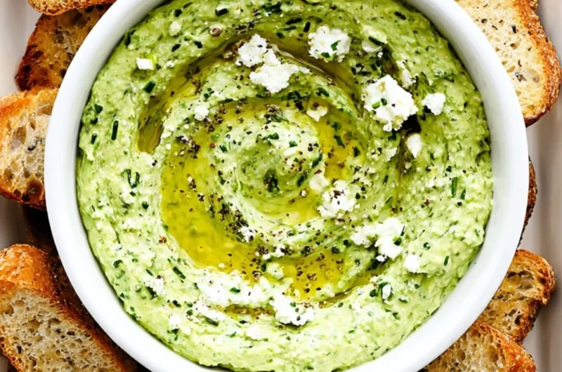 Green Goddess Feta Dip with herbs in a bowl, served with colorful vegetables.
