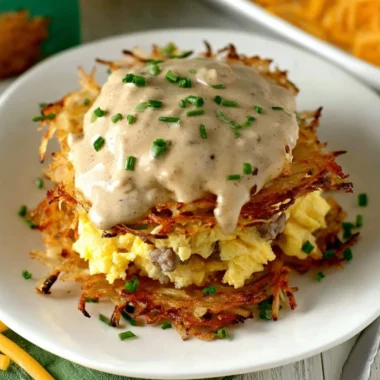 Delicious Hash Browns Breakfast Stack served with eggs and bacon