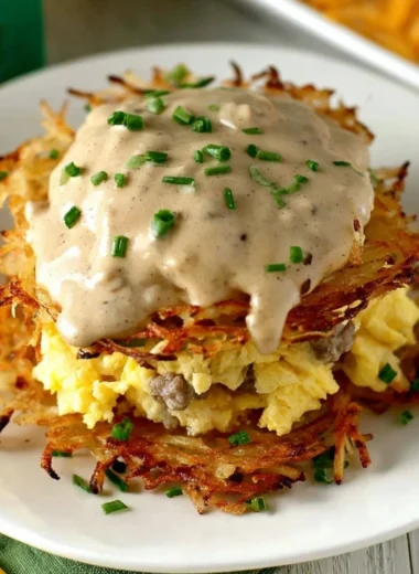 Delicious Hash Browns Breakfast Stack served with eggs and bacon