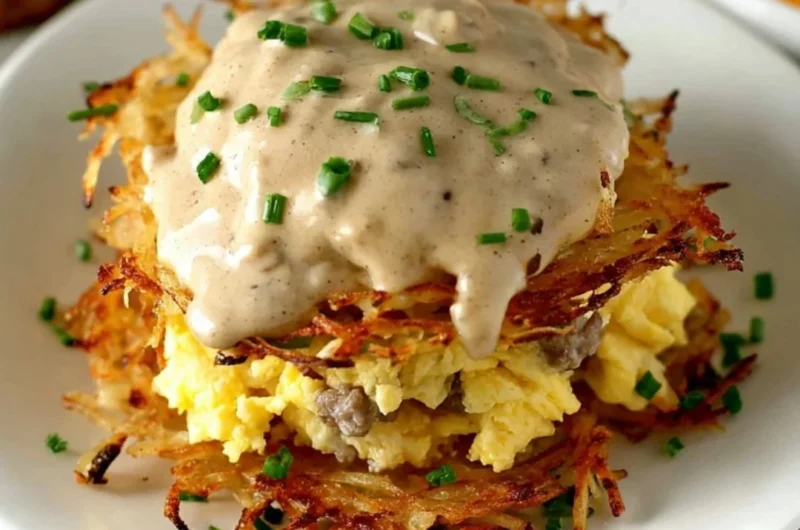 Delicious Hash Browns Breakfast Stack served with eggs and bacon