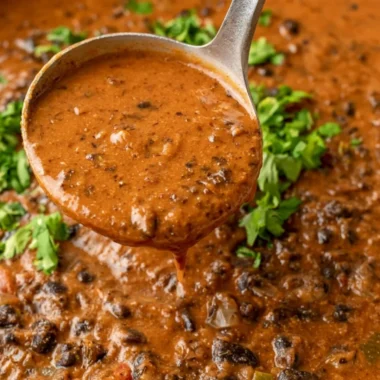 Bowl of hearty black bean soup garnished with cilantro and lime