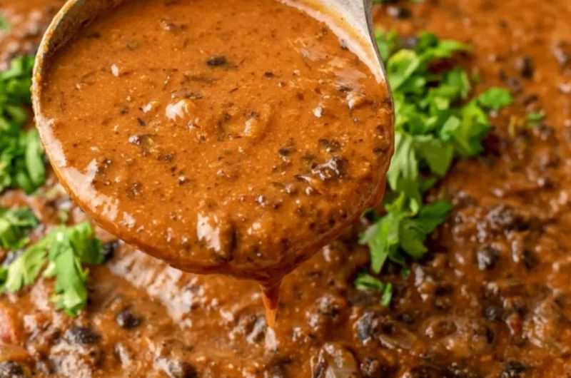 Bowl of hearty black bean soup garnished with cilantro and lime