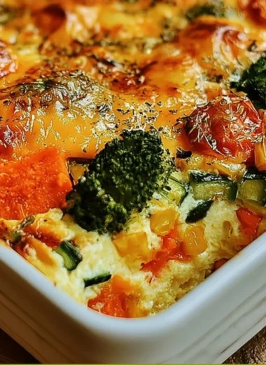 High-protein cottage cheese veggie bake topped with fresh vegetables