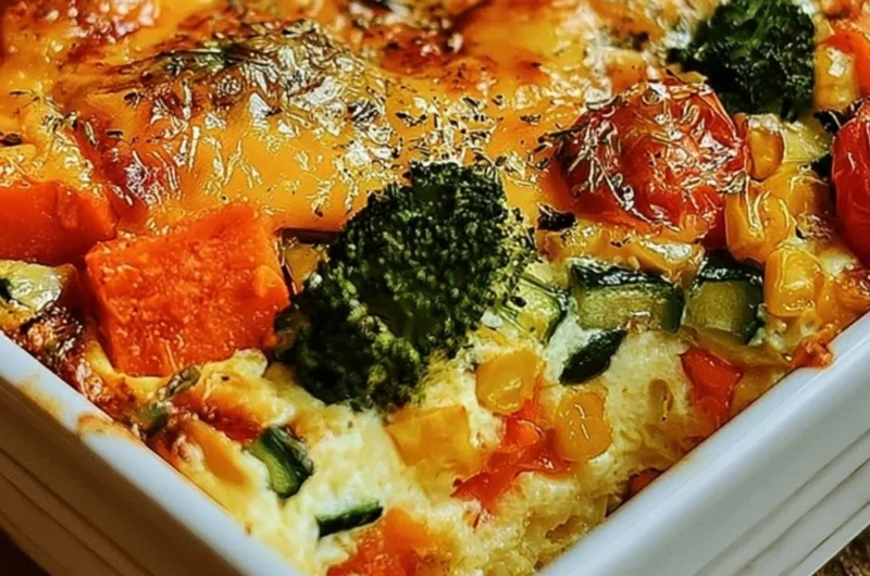 High-protein cottage cheese veggie bake topped with fresh vegetables