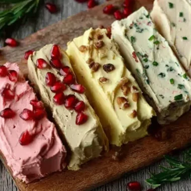 A variety of homemade butter spreads in rustic containers.
