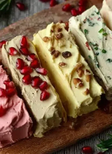 A variety of homemade butter spreads in rustic containers.