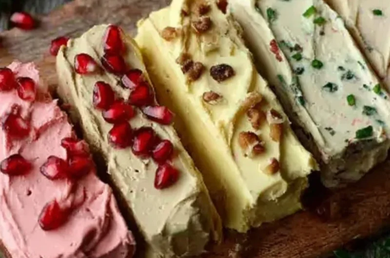 A variety of homemade butter spreads in rustic containers.
