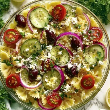Colorful Mediterranean Pasta Salad with fresh vegetables and olives