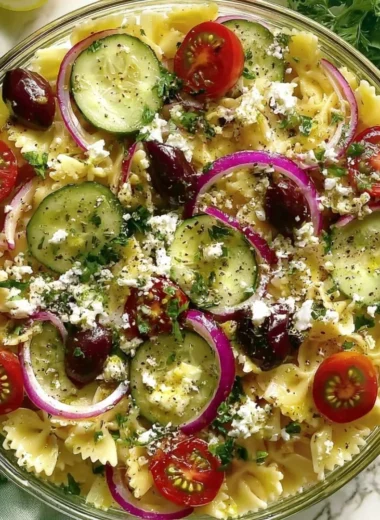 Colorful Mediterranean Pasta Salad with fresh vegetables and olives