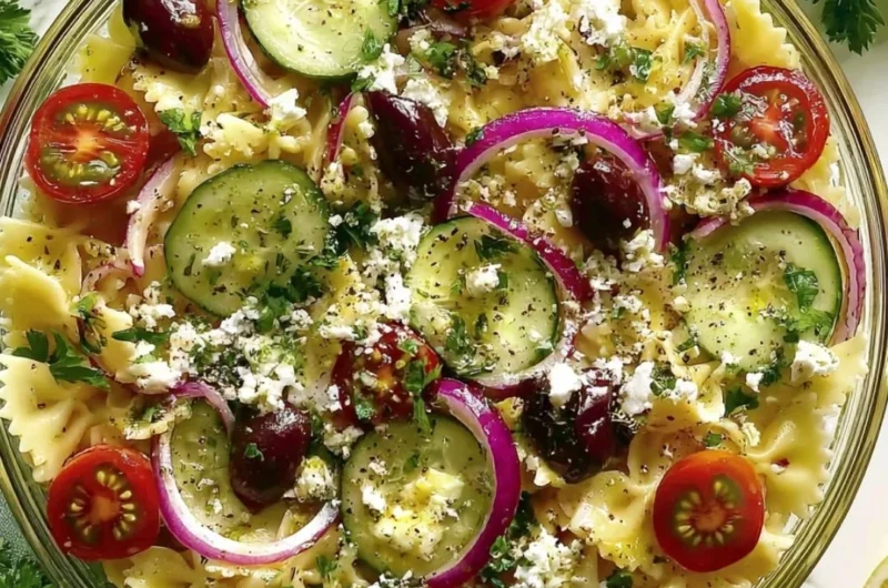 Colorful Mediterranean Pasta Salad with fresh vegetables and olives