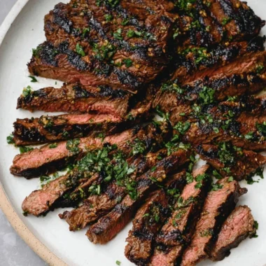 Marinated skirt steak with citrus marinade, sliced and ready to serve