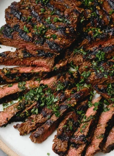 Marinated skirt steak with citrus marinade, sliced and ready to serve