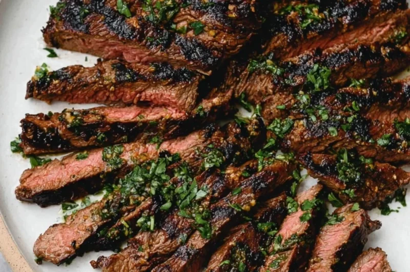 Marinated skirt steak with citrus marinade, sliced and ready to serve
