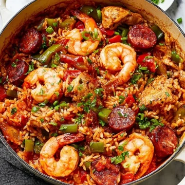 Delicious Jambalaya featuring rice, seafood, and vibrant spices