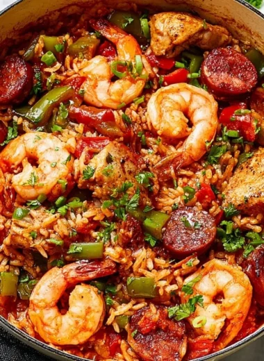 Delicious Jambalaya featuring rice, seafood, and vibrant spices