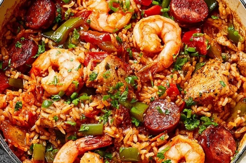 Delicious Jambalaya featuring rice, seafood, and vibrant spices