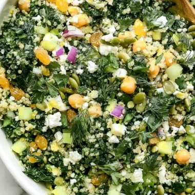 Healthy Kale Quinoa Salad with Lemon Dressing in a bowl