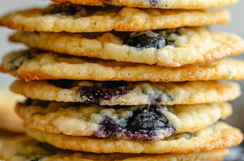Vegan lemon blueberry cookies on a plate with fresh blueberries and lemon zest