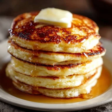 Stack of old-fashioned pancakes topped with syrup and berries