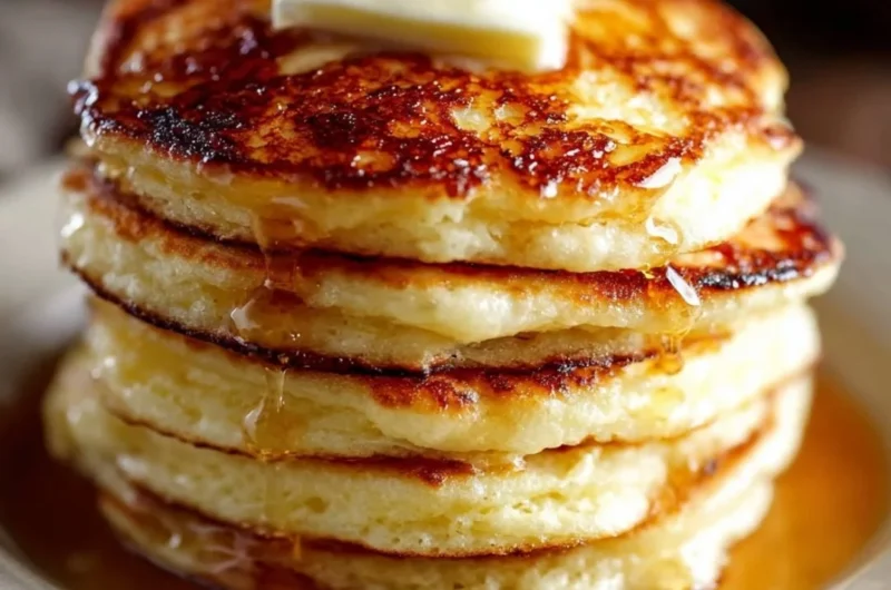 Stack of old-fashioned pancakes topped with syrup and berries