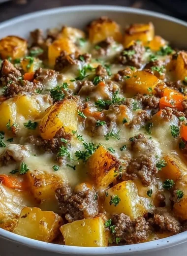 One-Pan Cheesy Meat & Potato Skillet featuring melted cheese and juicy meat over potatoes.