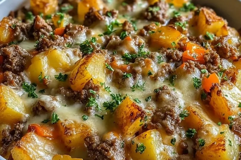 One-Pan Cheesy Meat & Potato Skillet featuring melted cheese and juicy meat over potatoes.