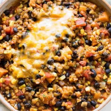 One Pot Vegetarian Mexican Lentils topped with fresh cilantro and lime.