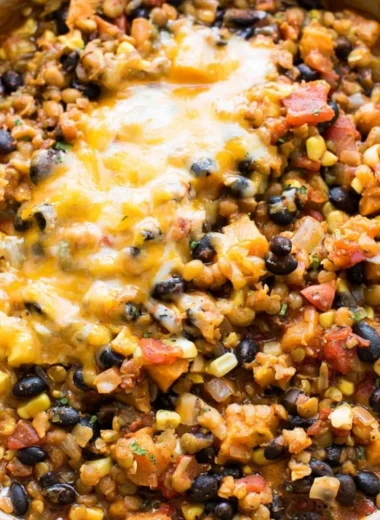 One Pot Vegetarian Mexican Lentils topped with fresh cilantro and lime.