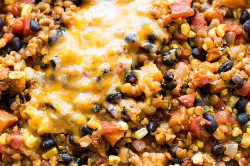 One Pot Vegetarian Mexican Lentils topped with fresh cilantro and lime.
