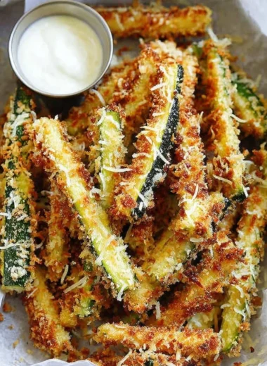 Plate of crispy Parmesan Zucchini Fries ready to be enjoyed.
