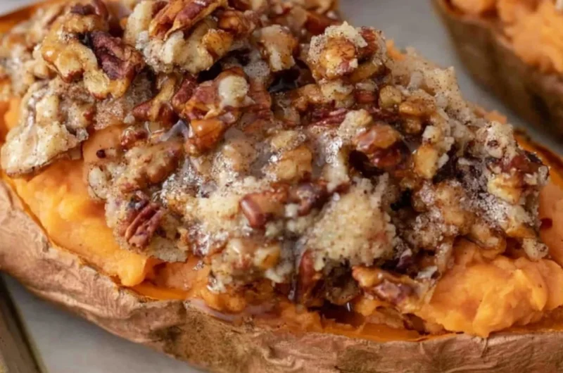Twice baked sweet potatoes topped with pecan pie filling and nuts.