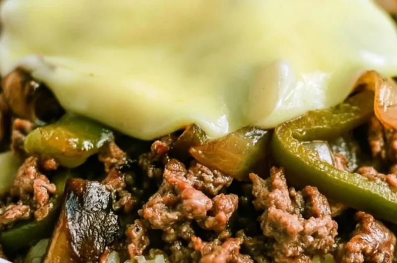 Low-carb Philly cheesesteak bowl with peppers and onions