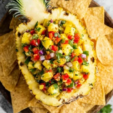 Fresh pineapple salsa served in a bowl with tortilla chips.