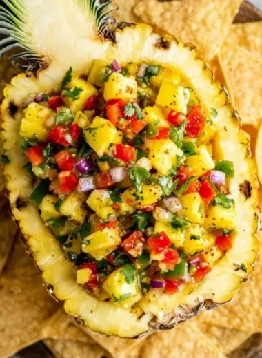 Fresh pineapple salsa served in a bowl with tortilla chips.