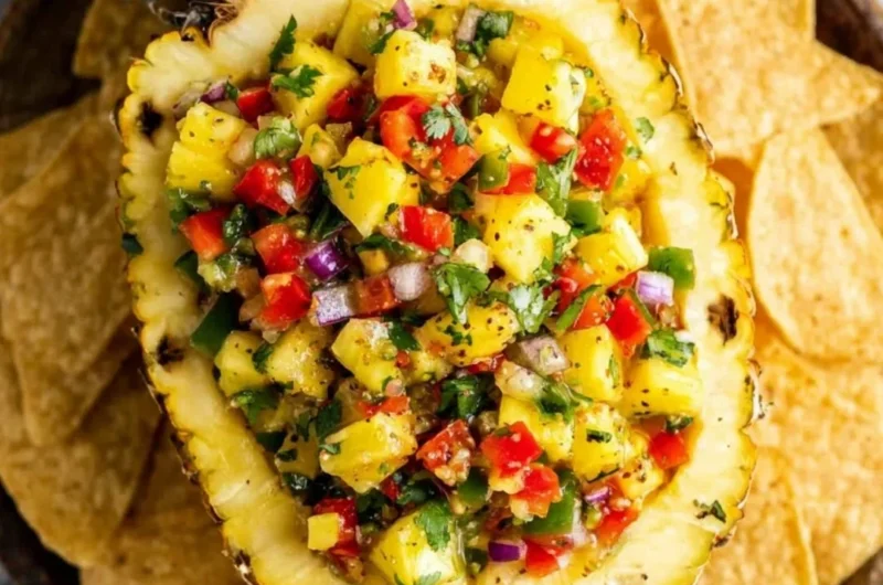 Fresh pineapple salsa served in a bowl with tortilla chips.