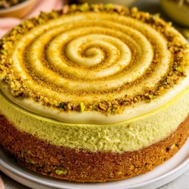 Delicious slice of pistachio cheesecake topped with crushed nuts and cream.