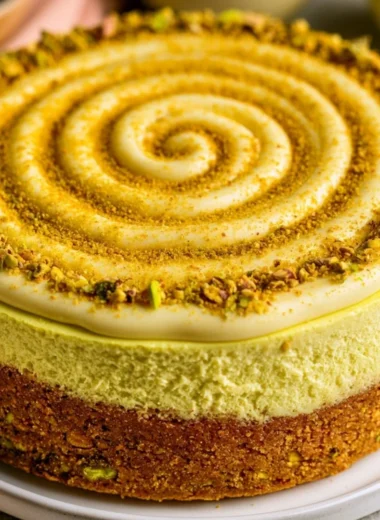 Delicious slice of pistachio cheesecake topped with crushed nuts and cream.