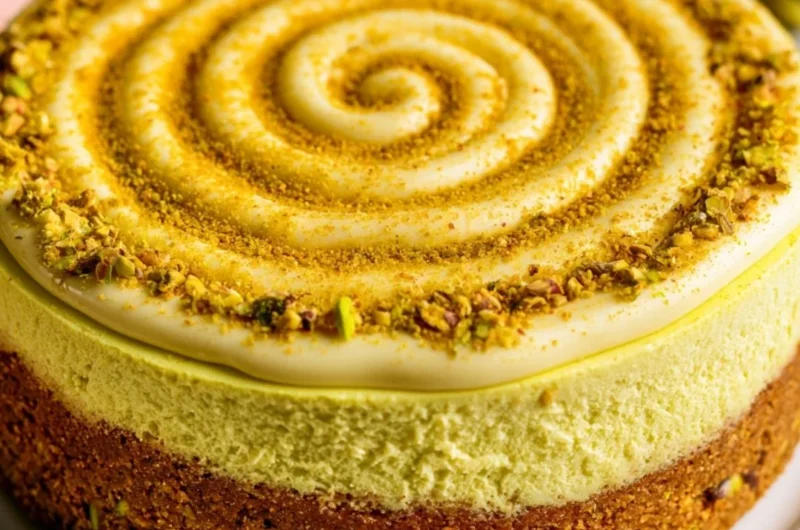 Delicious slice of pistachio cheesecake topped with crushed nuts and cream.