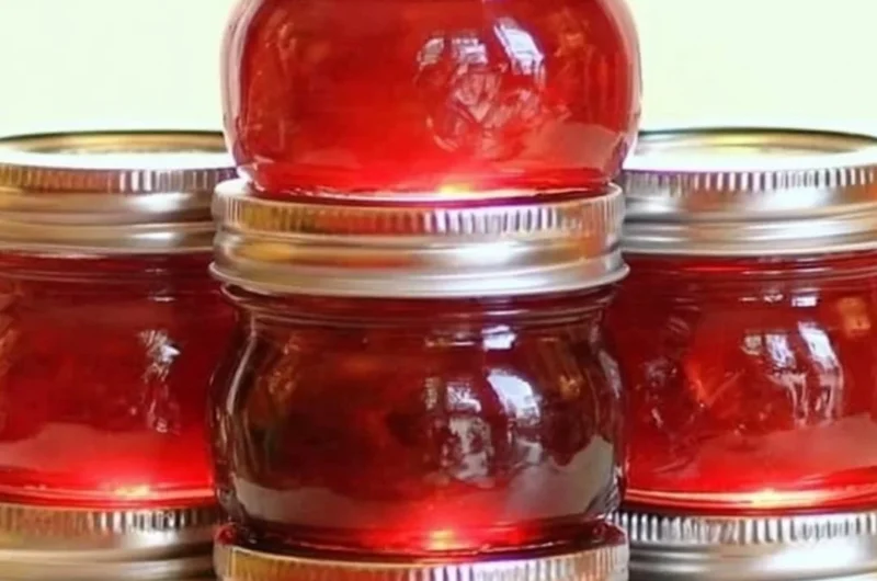 Jar of homemade rhubarb cinnamon jam with fresh rhubarb stalks in the background