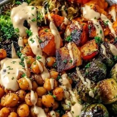Roasted vegetable and chickpea bowl with maple Dijon tahini dressing