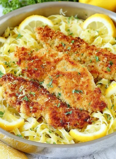 Plate of Romano Chicken served with lemon garlic pasta and garnished with herbs.