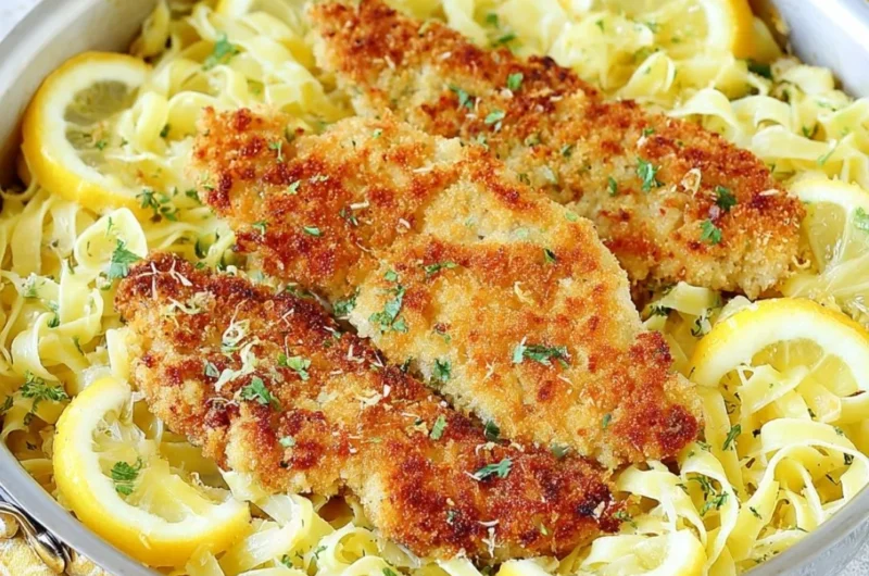 Plate of Romano Chicken served with lemon garlic pasta and garnished with herbs.