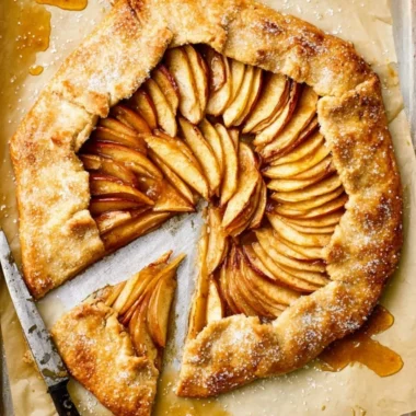 Freshly baked rustic French apple tart with a golden crust and apple filling.