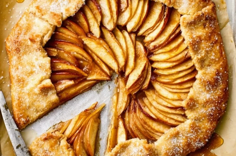 Freshly baked rustic French apple tart with a golden crust and apple filling.